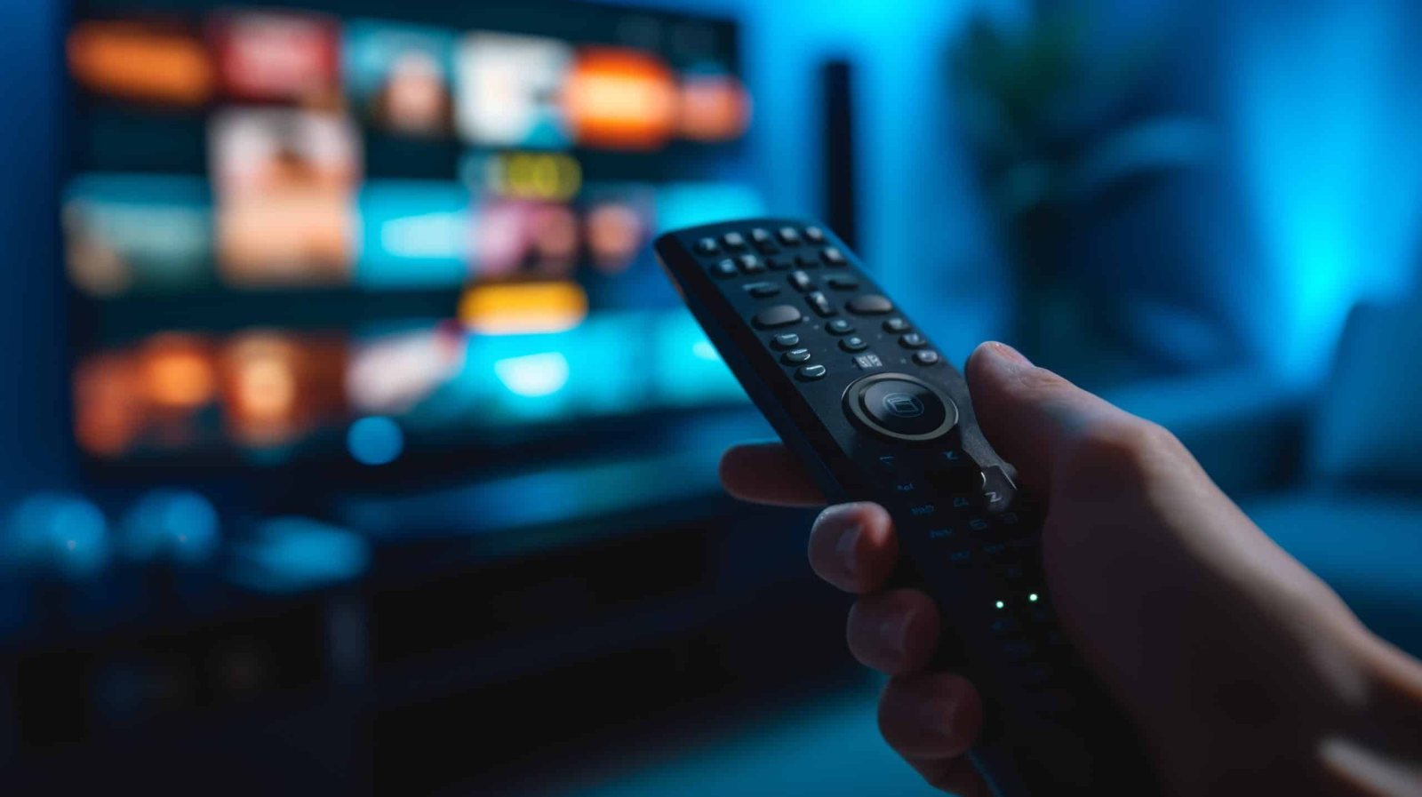 Kanepede kumandayı tutan el, arkada televizyon